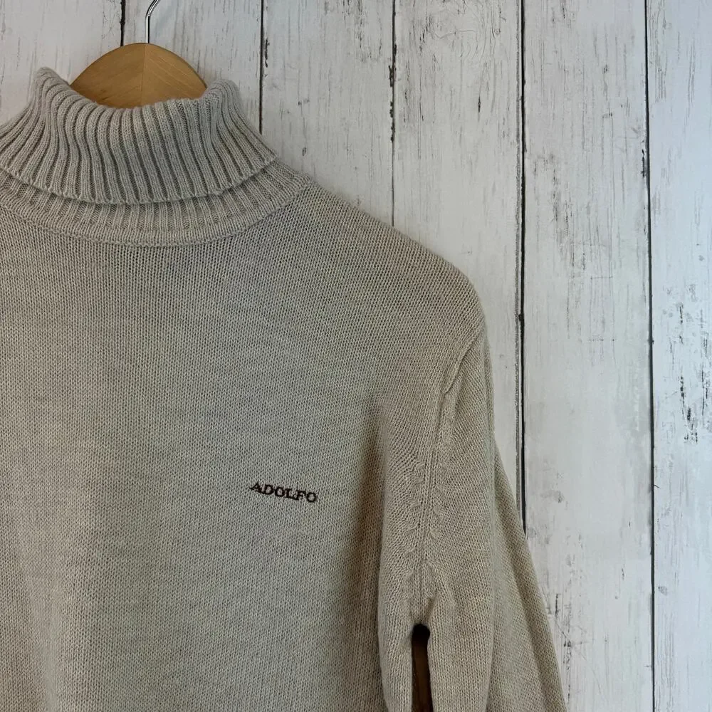 VTG Adolfo Tan Cashmere Touch Embroidered Turtleneck Knit Sweater Size Large - Picture 3 of 11